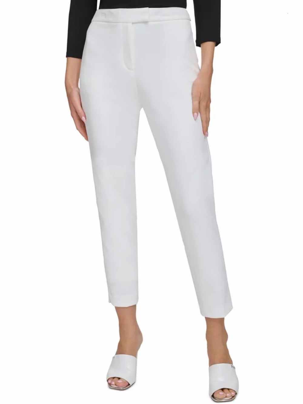 DKNY Womens Foundation Slim-Leg Career Business Office Ankle Leg Pants Ivory 4